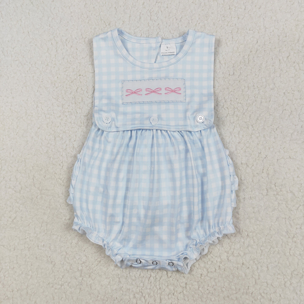 Baby Infant Girls Blue Checkered Bows Sleeveless Rompers