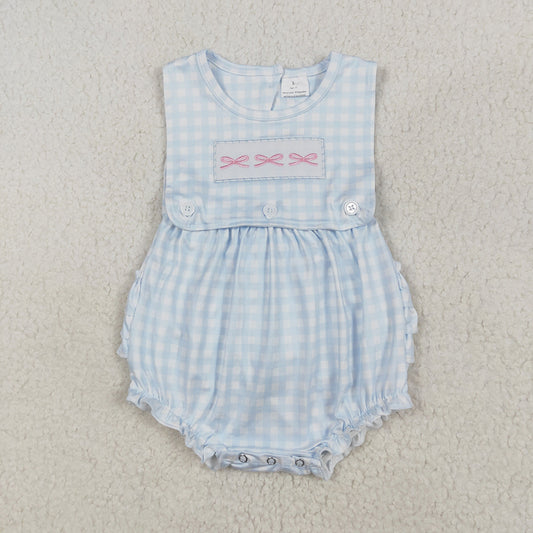 Baby Infant Girls Blue Checkered Bows Sleeveless Rompers