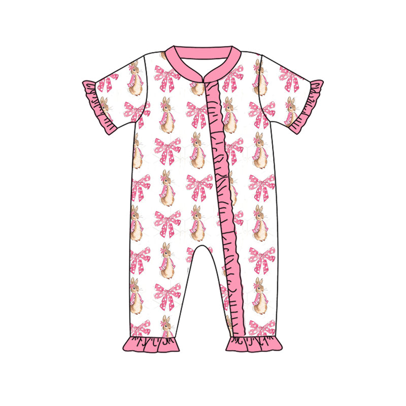 Baby Infant Girls Easter Bows Rabbits Zip Rompers preorder