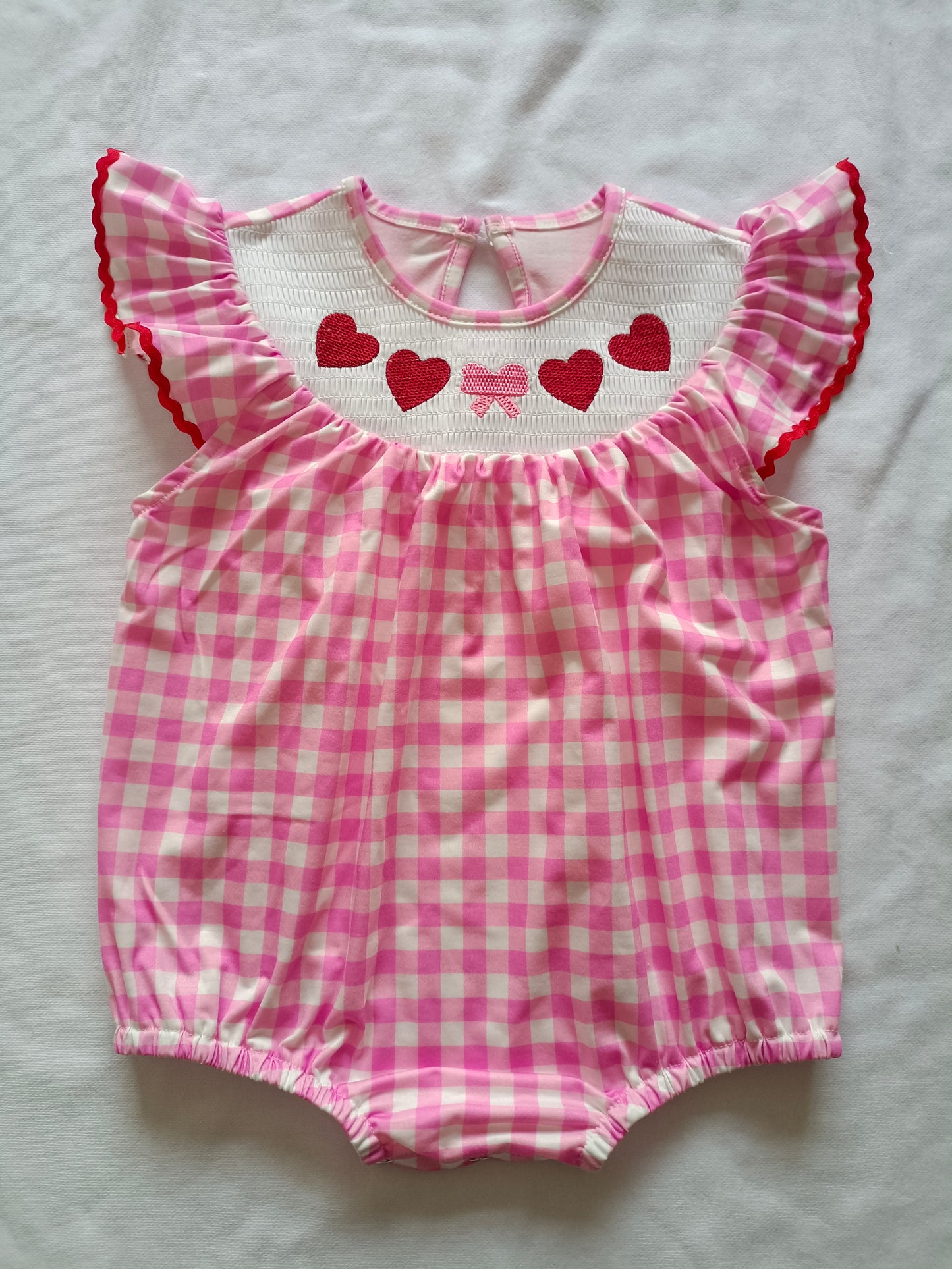 Baby Infant Girls Valentines Hearts Bow Checkered Smocked Rompers preorder