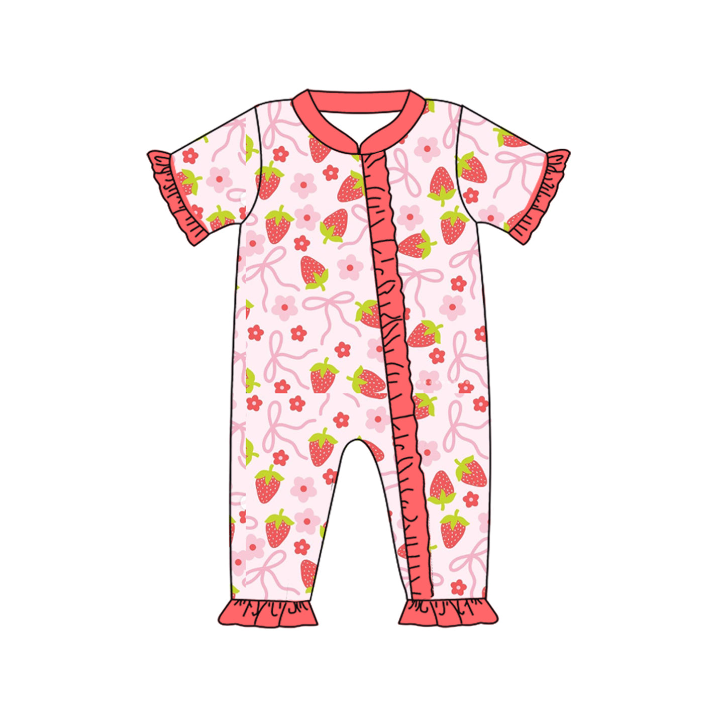 Baby Infant Girls Red Bows Strawberry Zip Rompers preorder