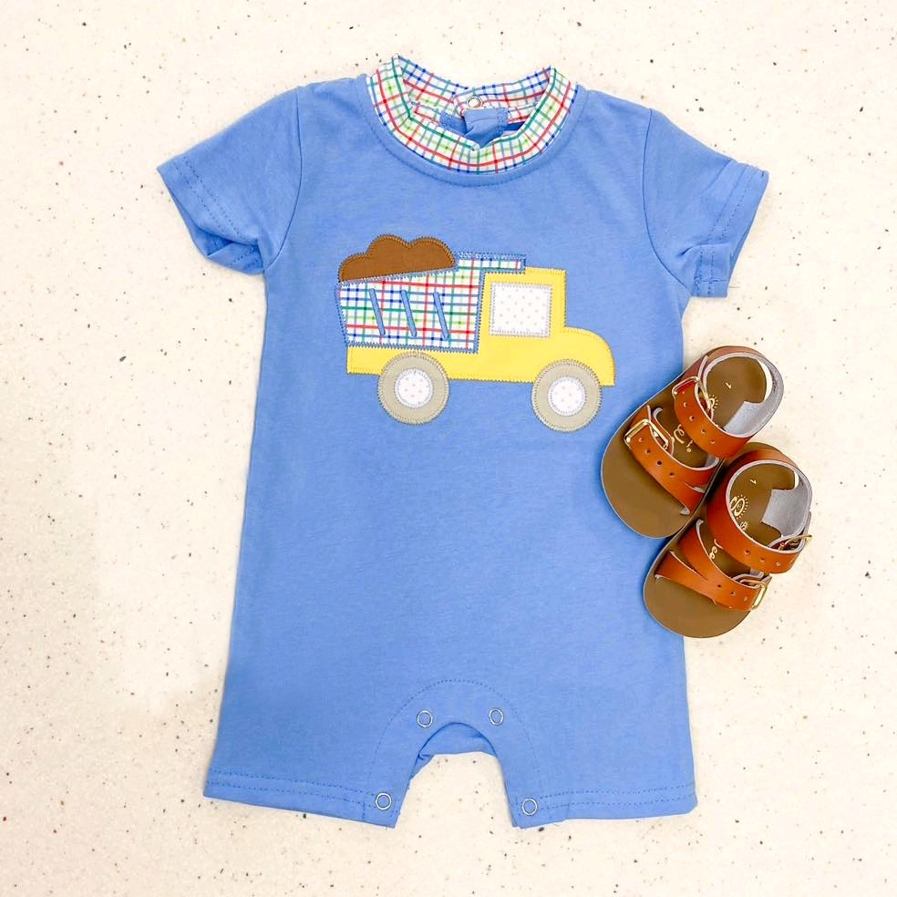 Baby Infant Boys Blue Color Lorry Short Sleeve Rompers preorder