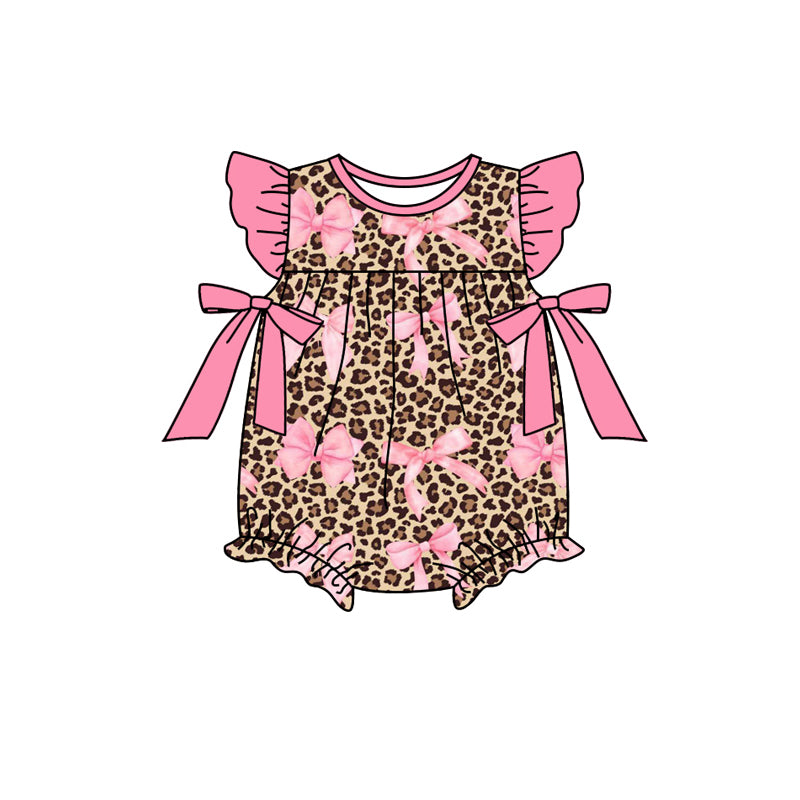 Baby Infant Girls Leopard Pink Bows Flutter Sleeve Rompers preorder