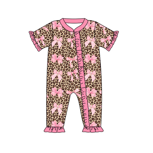 Baby Infant Girls Leopard Pink Bows Zip Rompers preorder