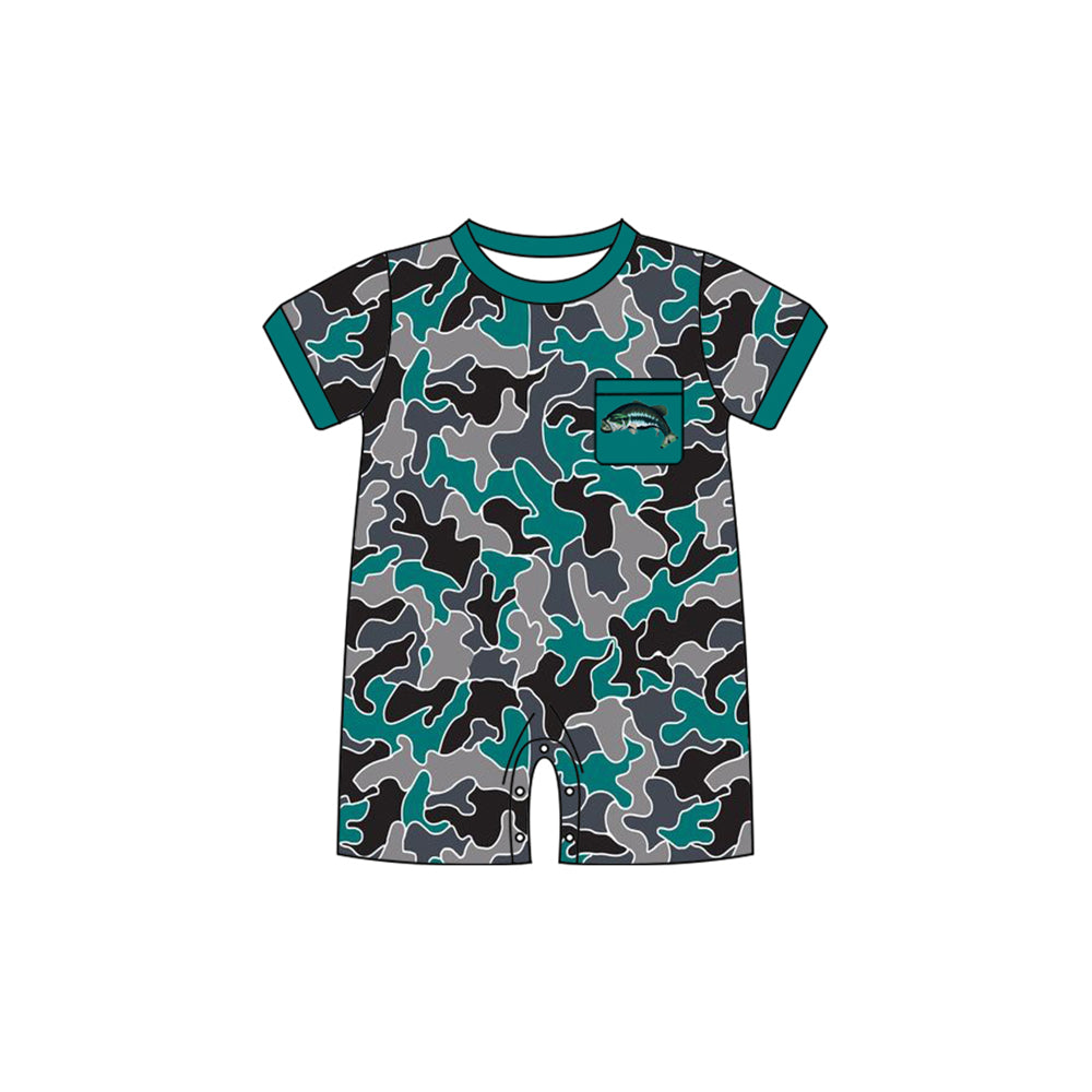 Baby Infant Boys Blue Camo Fish Short Sleeve Rompers preorder