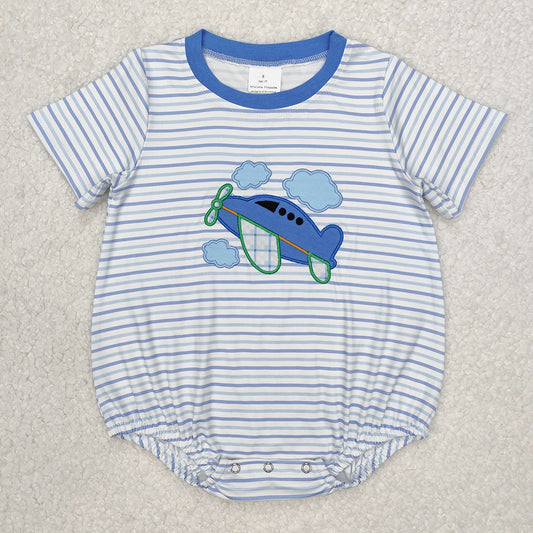 Embroidery Baby Infant Boys Plane Stripes Short Sleeve Rompers