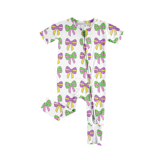 Baby Infant Colorful Bows Mardi Gras Zip Short Sleeve Rompers preorder