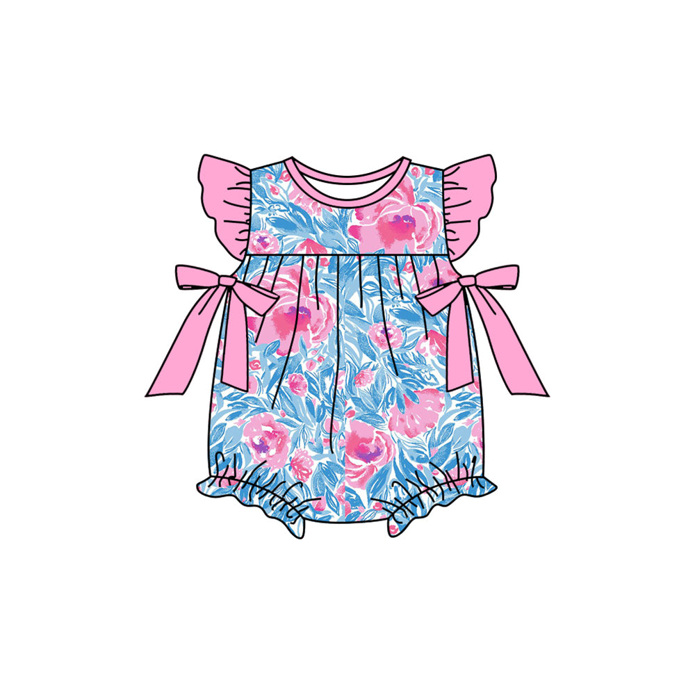 Baby Infant Girls Blue Pink Flowers Bows Rompers preorder