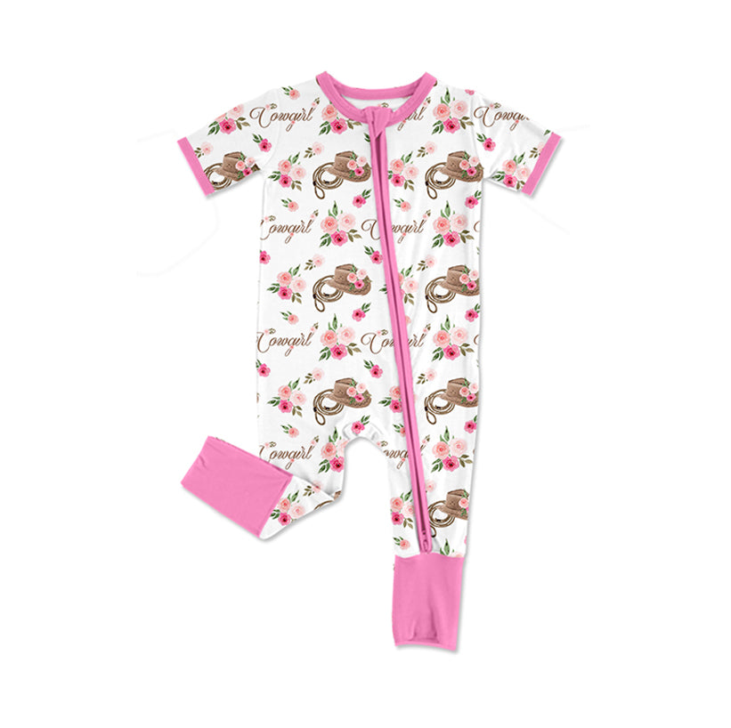 Baby Infant Girls Pink Cowgirl Flowers Zip Rompers preorder