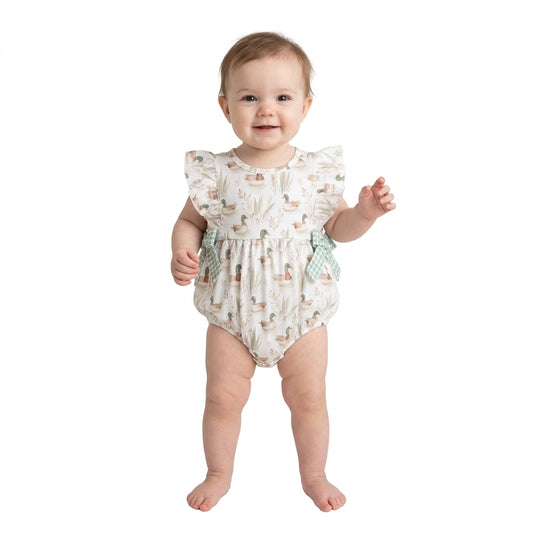 Baby Girls Sleeveless Green Mallard Ducks Bubbles Rompers