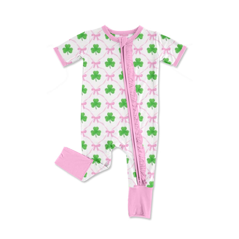 Baby Infant Girls Pink Bows Quatrefoil Zip Rompers preorder