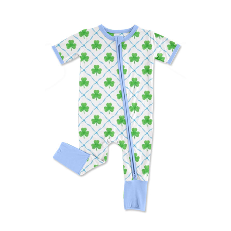 Baby Infant Boys Green Quatrefoil Blue Zip Rompers preorder