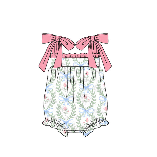 Baby Infant Girls Blue Bows Flowers Straps Rompers preorder