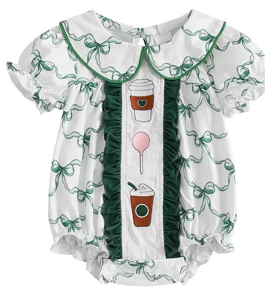 Baby Infant Girls Coffee Green Bows Short Sleeve Rompers preorder