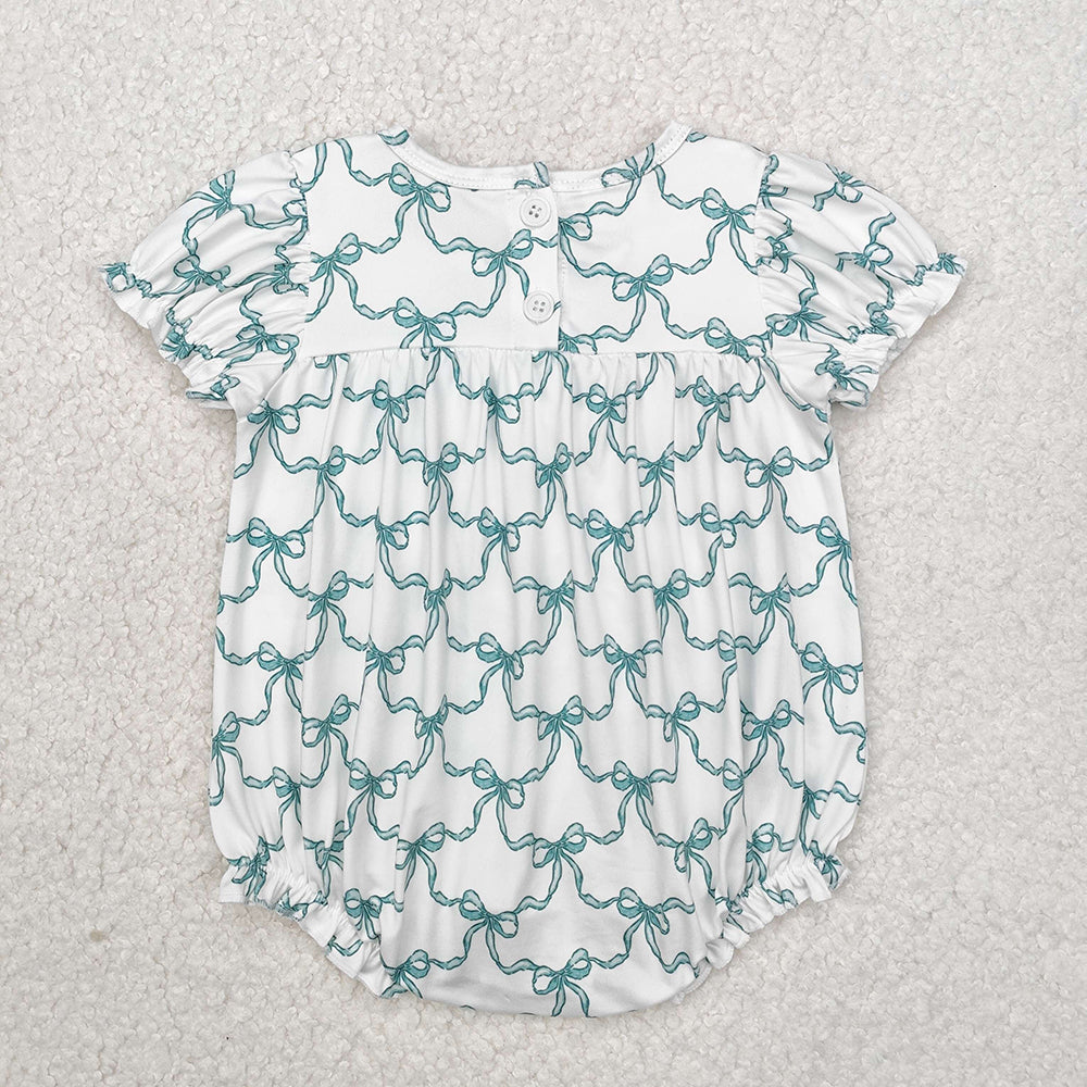 Baby Infant Girls Coffee Green Bows Short Sleeve Rompers