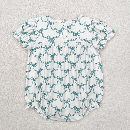 Baby Infant Girls Coffee Green Bows Short Sleeve Rompers