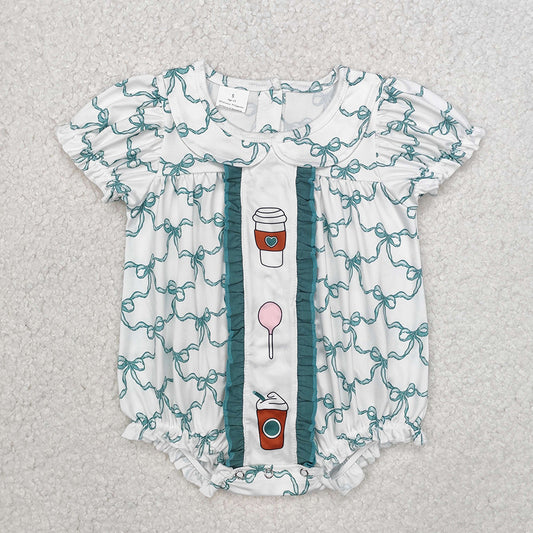 Baby Infant Girls Coffee Green Bows Short Sleeve Rompers