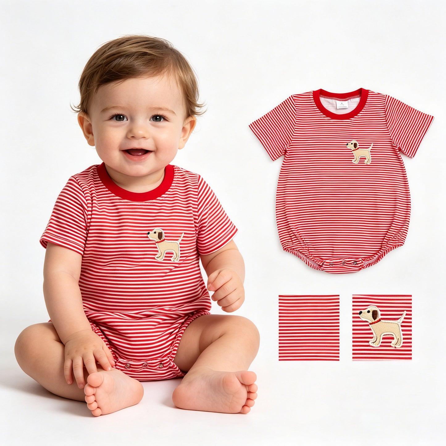 Embroidery Dog Baby Boys Red Stripes Short Sleeve Rompers