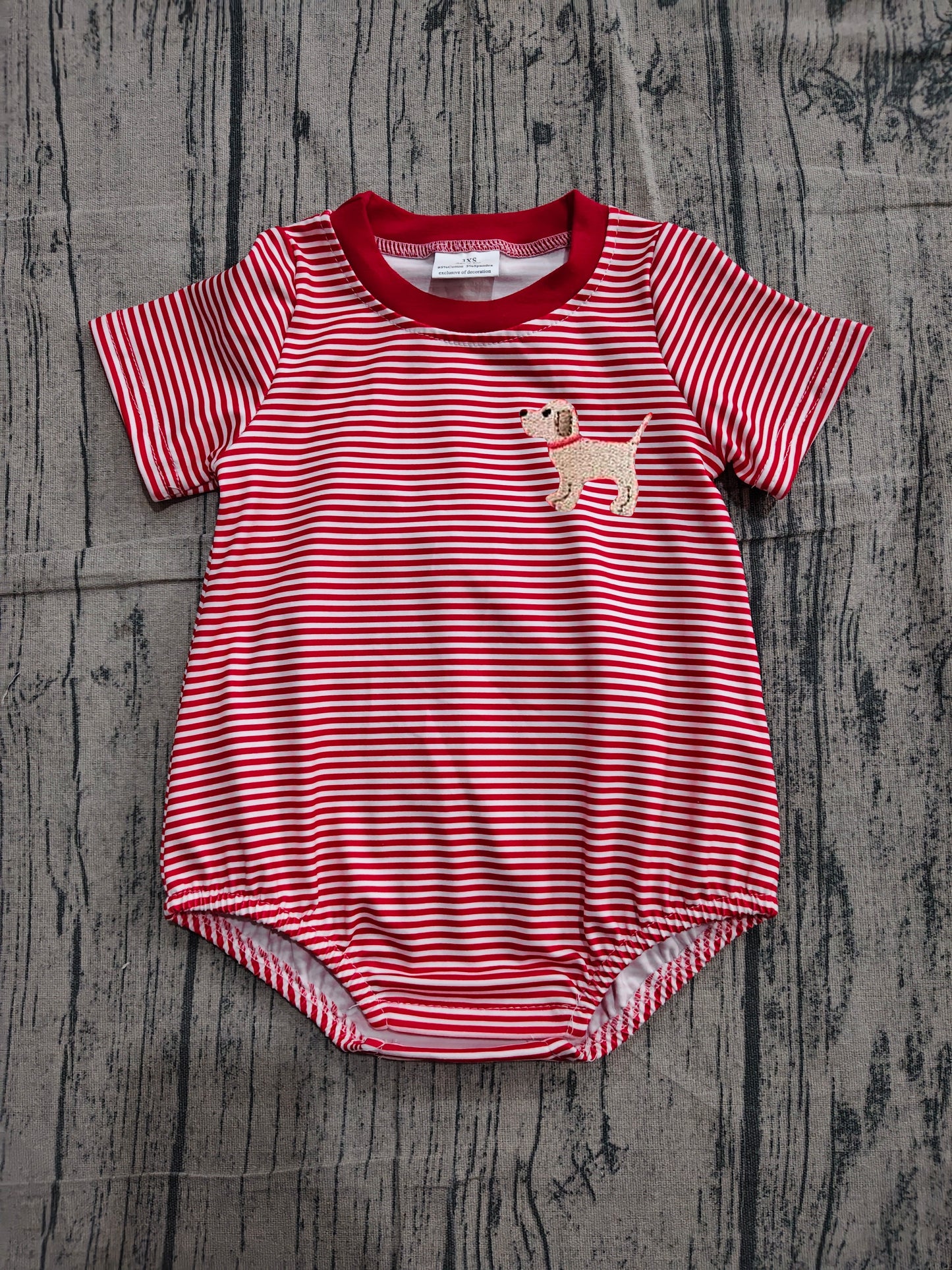 Embroidery Dog Baby Boys Red Stripes Short Sleeve Rompers preorder