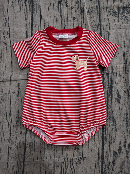 Embroidery Dog Baby Boys Red Stripes Short Sleeve Rompers preorder
