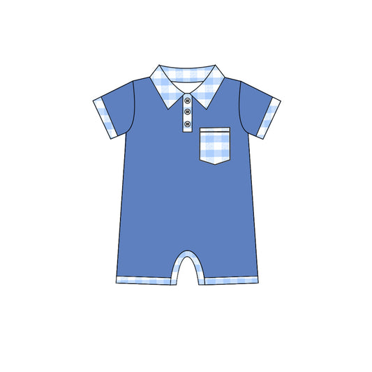 Baby Infant Boys Blue Checkered Buttons Pocket Rompers preorder