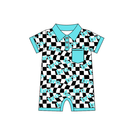 Baby Infant Boys Black Checkered Brother Pocket Rompers preorder