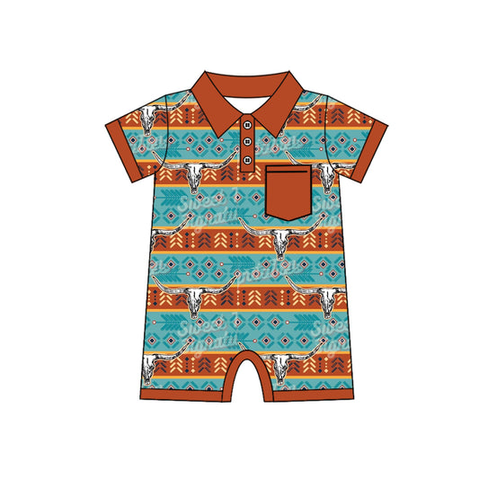 Baby Infant Boys Western Cow Aztec Pocket Rompers preorder