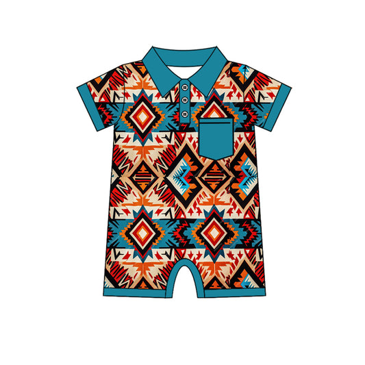 Baby Infant Boys Western Aztec Blue Pocket Rompers preorder