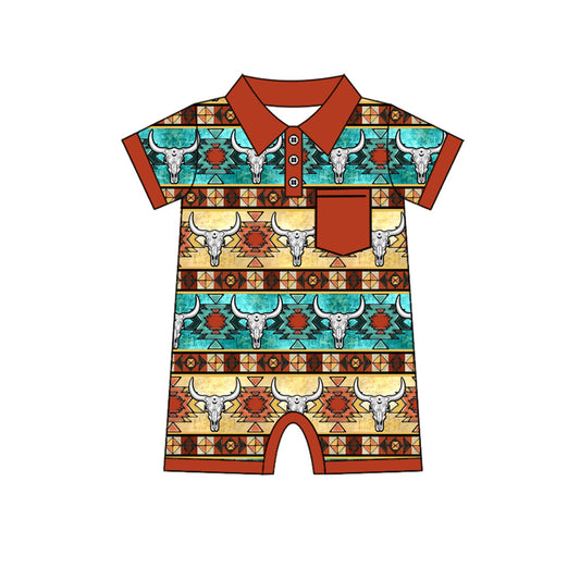 Baby Infant Boys Western Aztec Cow Skulls Pocket Rompers preorder