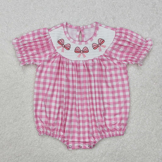 Baby Infant Girls Pink Checkered Bows Smocked Rompers