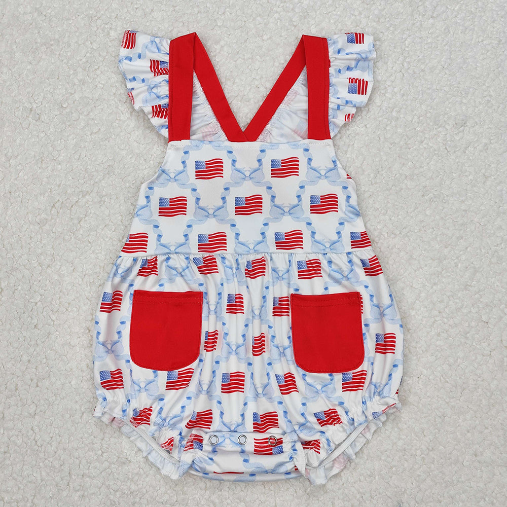 Sibling Baby Girls 4th of July Flag Bows Rompers Dresses