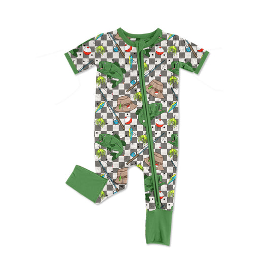Baby Infant Boys Checkered Fishing Zip Short Sleeve Rompers preorder