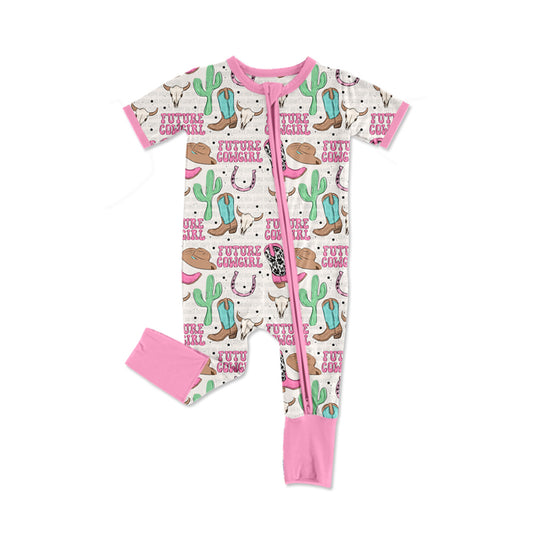 Baby Infant Girls Pink Western Boots Zip Short Sleeve Rompers preorder