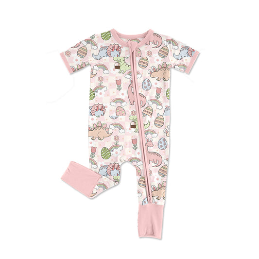 Baby Infant Girls Pink Easter Dinosaurs Zip Short Sleeve Rompers preorder
