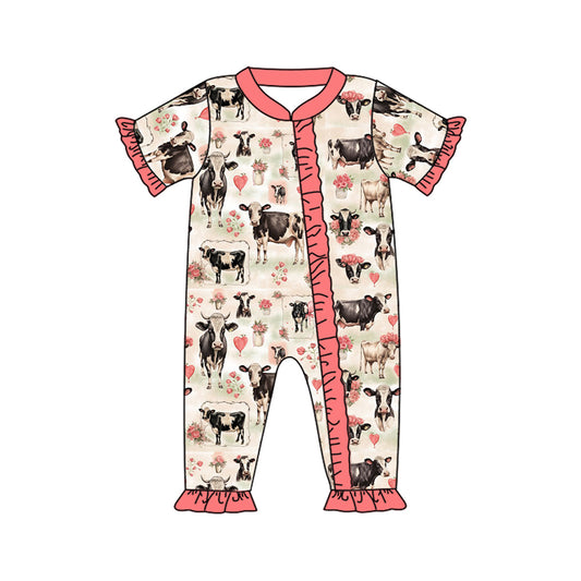 Baby Infant Girls Pink Cow Flowers Zip Rompers preorder