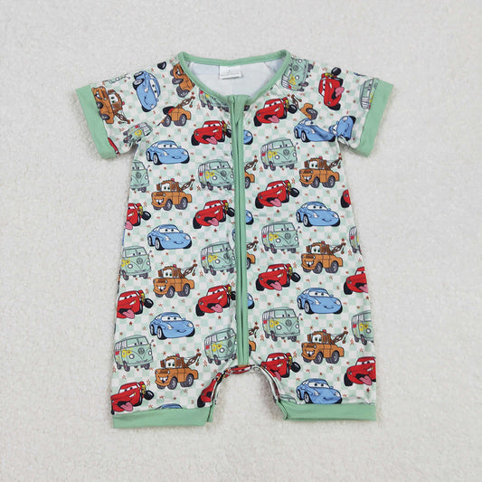 Baby Infant Boys Car Racing Green Checkered Zip Rompers