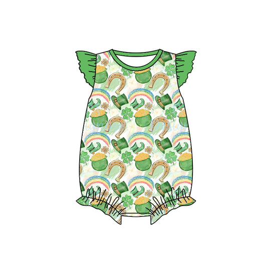 Baby Infant Girls St Patrick Day Qautrefoil Flutter Sleeve Rompers preorder