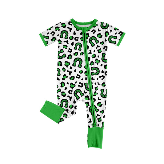 Baby Infant Girls St Patrick Day Leopard Zip Rompers preorder