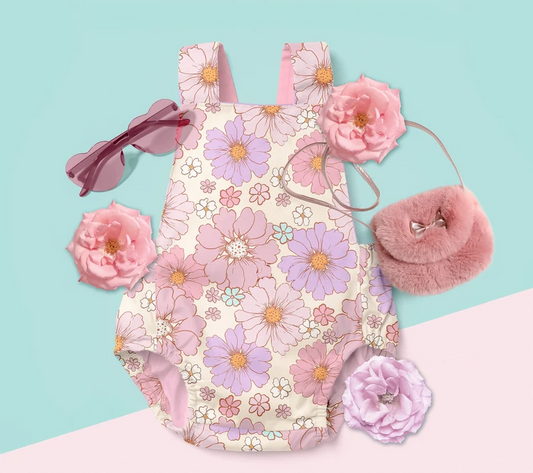 Baby Infant Girls Pink Lavender Flowers Straps Rompers preorder