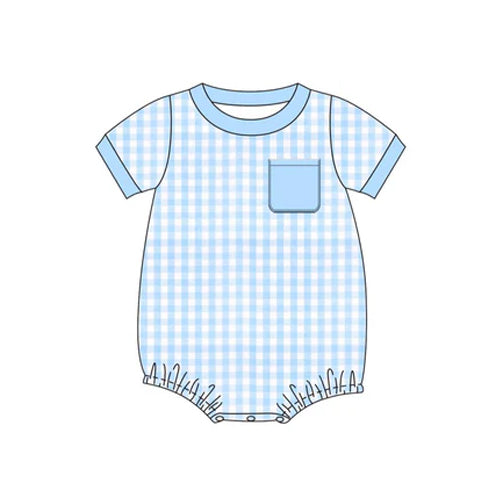 Baby Infant Boys Blue Checkered Pocket Short Sleeve Rompers preorder