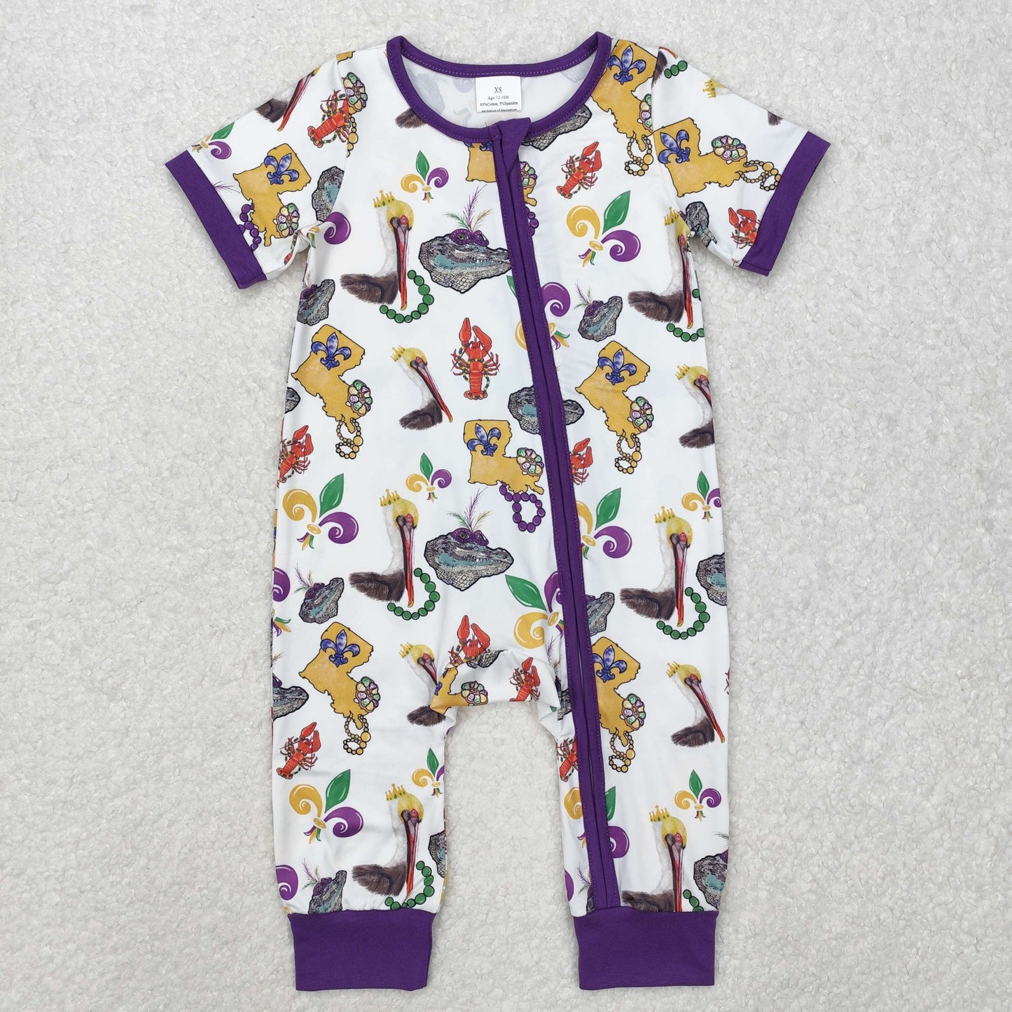 Sibling Baby Boys Girls Short Sleeves Mardigras Zipper Footie Rompers