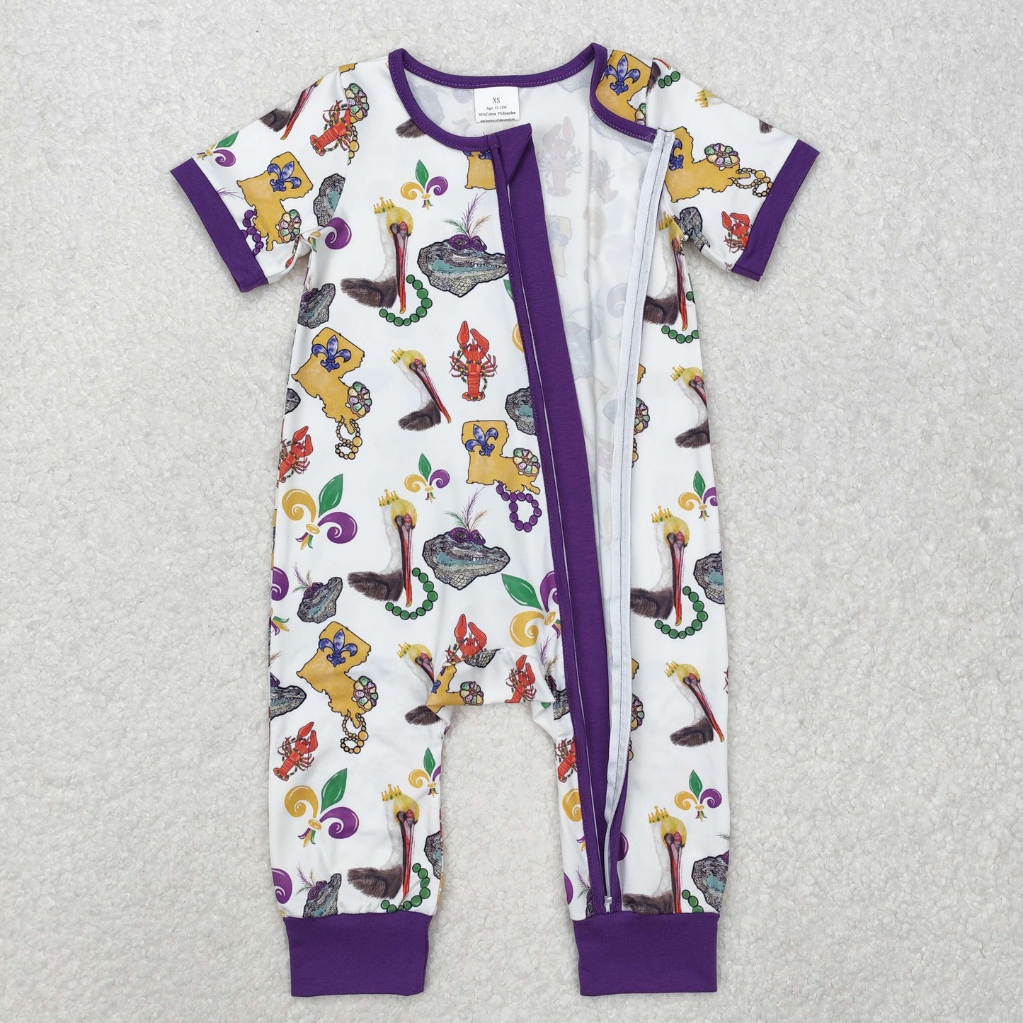 Sibling Baby Boys Girls Short Sleeves Mardigras Zipper Footie Rompers