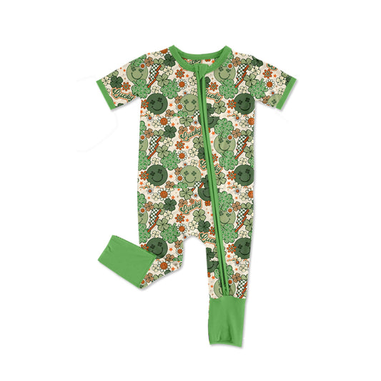 Baby Infant Boys St Patrick Day Smile Quatrefoil Zip Rompers preorder