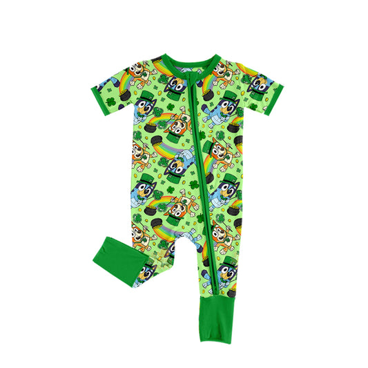 Baby Infant Boys St Patrick Quatrefoil Dog Zip Rompers preorder