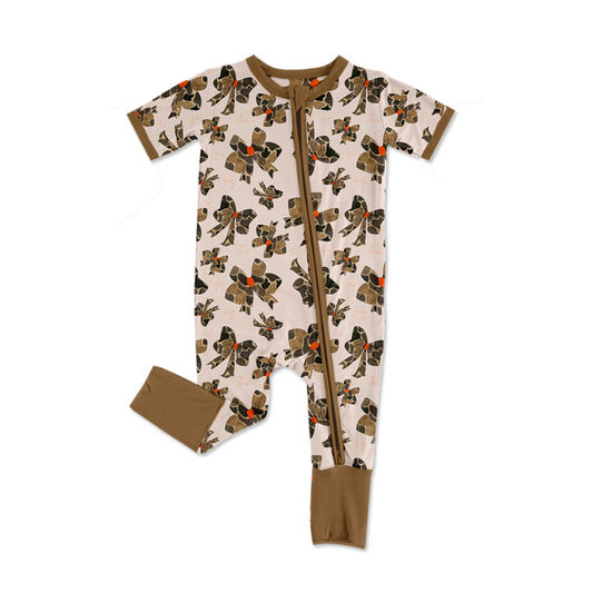 Preorder moq 5 Baby Infant Girls Bows Brown Camo Zip Rompers
