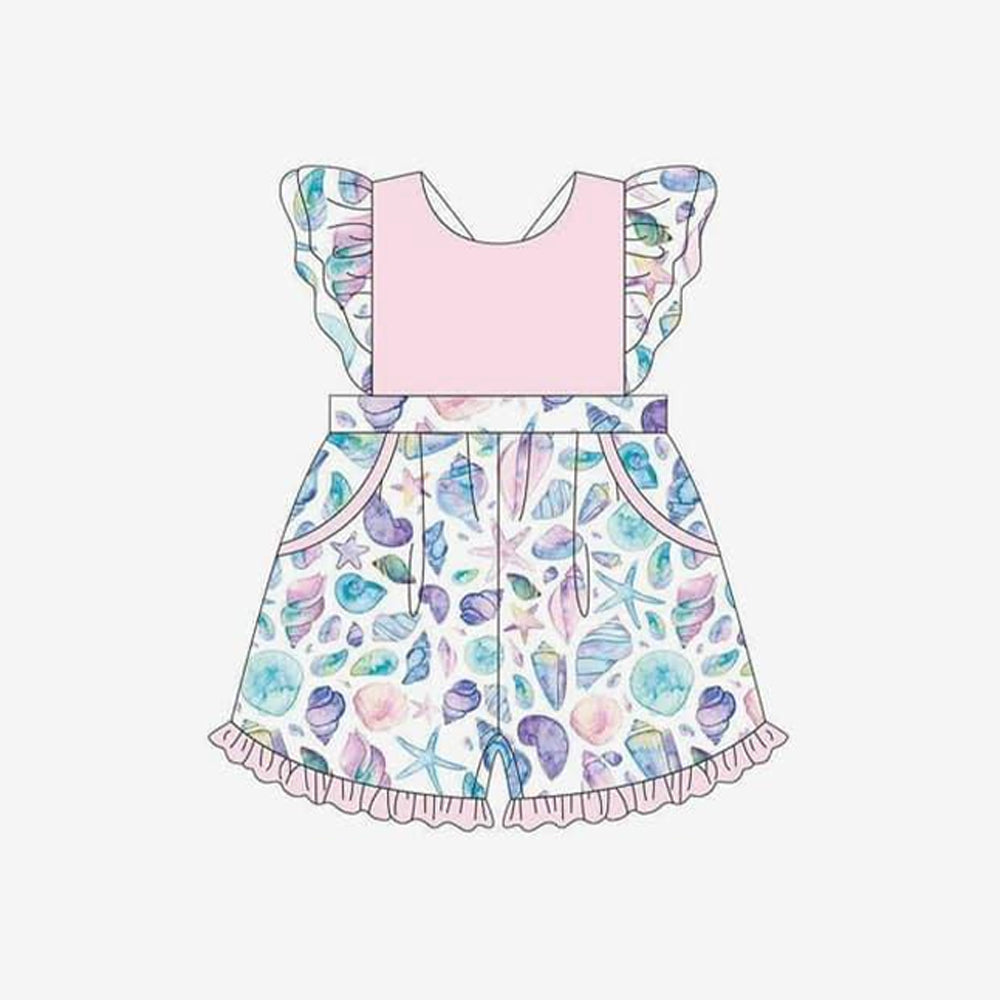 Baby Girls Pink Seashells Pockets Ruffle Shorts Summer Jumpsuits Preorder