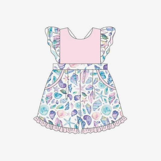 Baby Girls Pink Seashells Pockets Ruffle Shorts Summer Jumpsuits Preorder