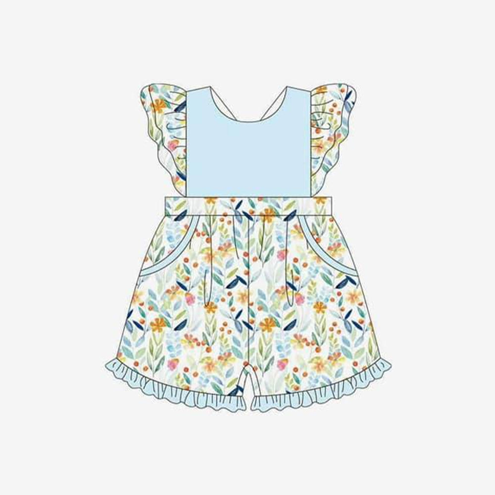 Baby Girls Easter Blue Flowers Pockets Ruffle Shorts Summer Jumpsuits Preorder