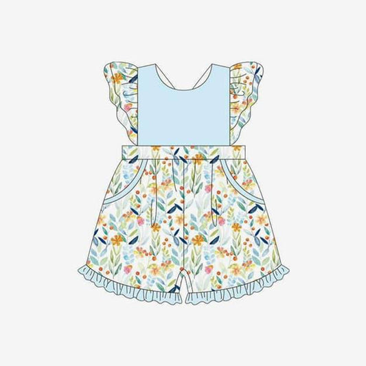 Baby Girls Easter Blue Flowers Pockets Ruffle Shorts Summer Jumpsuits Preorder