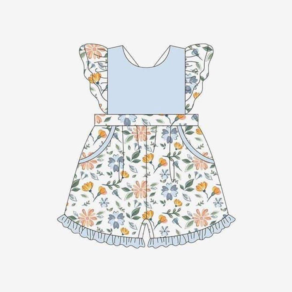 Baby Girls Easter Blue Flowers Pockets Ruffle Shorts Jumpsuits Preorder